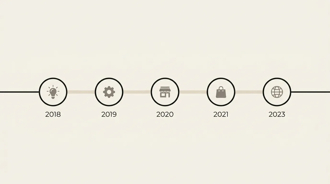 Timeline illustration of TryOn Virtual's founding milestones from 2023 to 2026