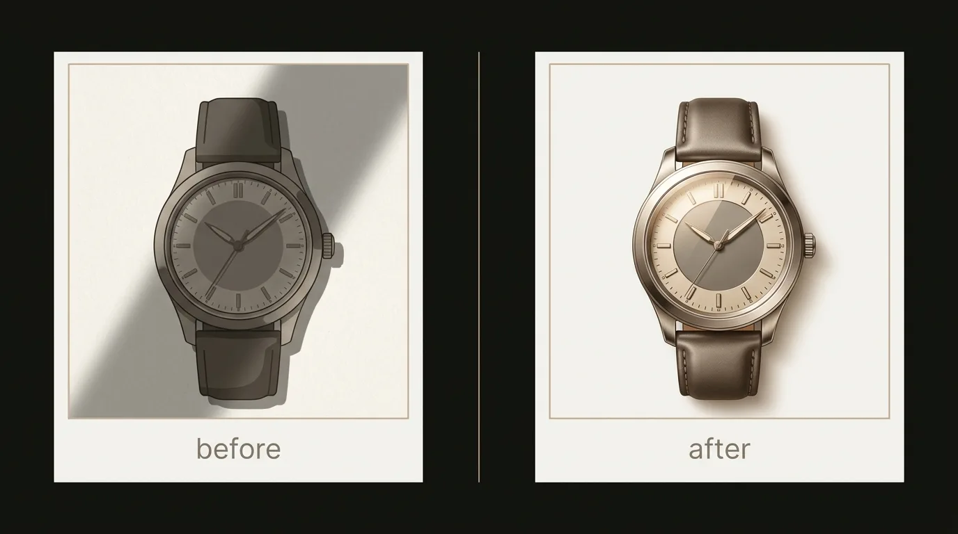 Before and after comparison of a watch rendered with flat lighting versus rich HDR reflections