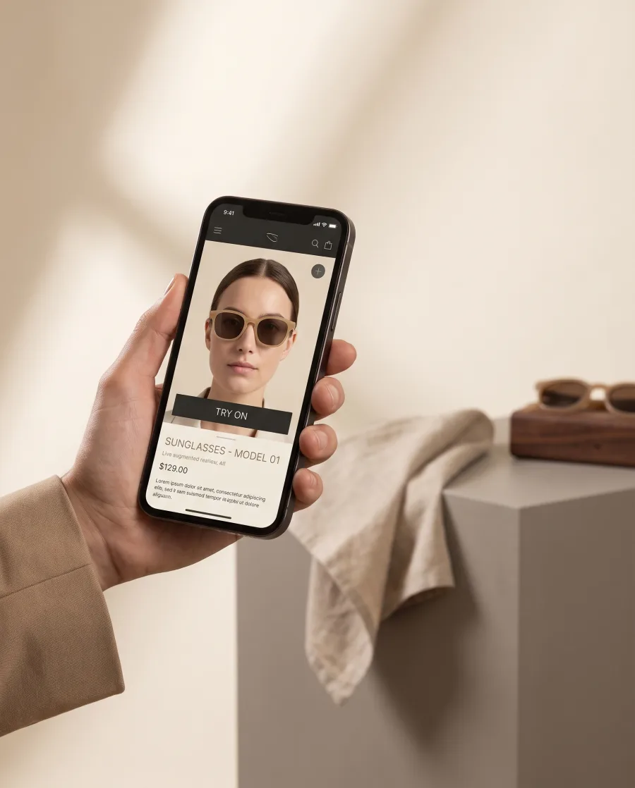 A shopper previewing sunglasses on their face through the TryOn Virtual try-on button on a mobile store page