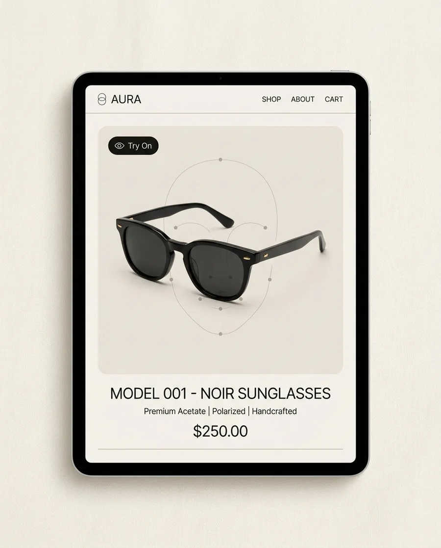 Product page mockup showing sunglasses with a Try On badge and AR face-alignment markers