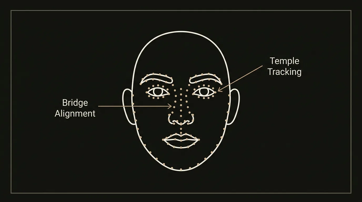 Diagram of 468 face landmarks with callouts for bridge alignment and temple tracking