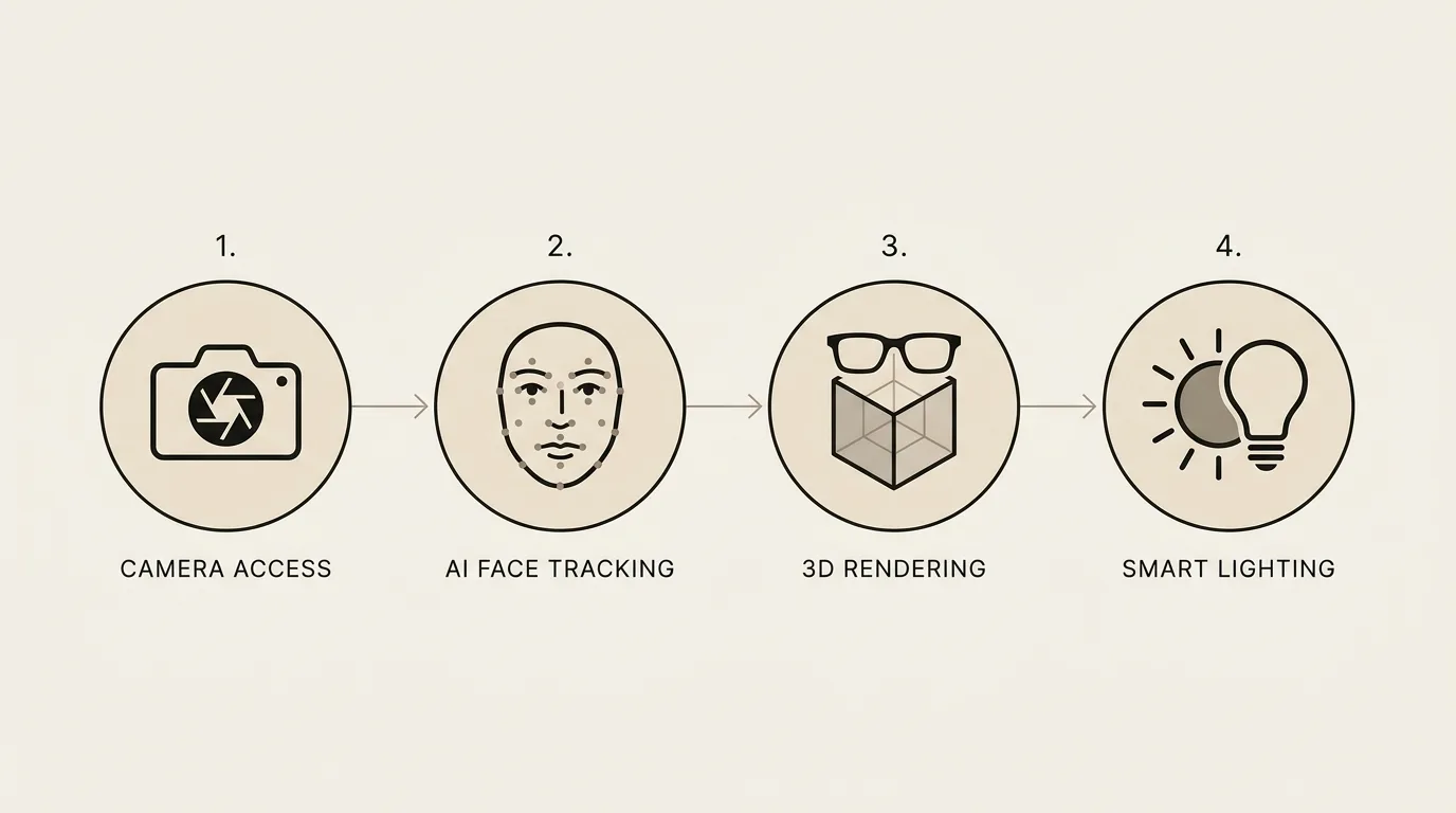 Four-step process diagram: camera access, AI face tracking, 3D rendering, smart lighting