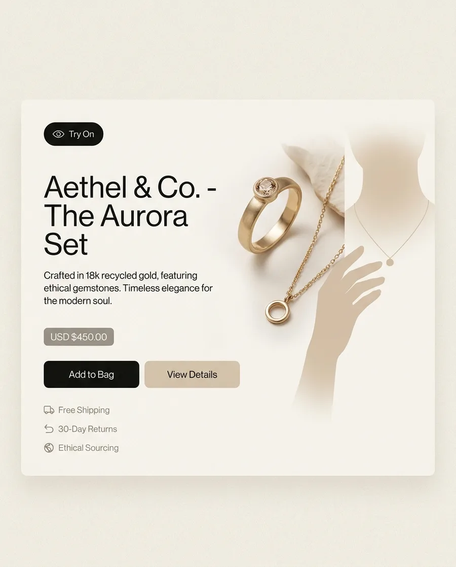 Product page mockup showing a ring and necklace with a Try On badge for AI jewelry fitting