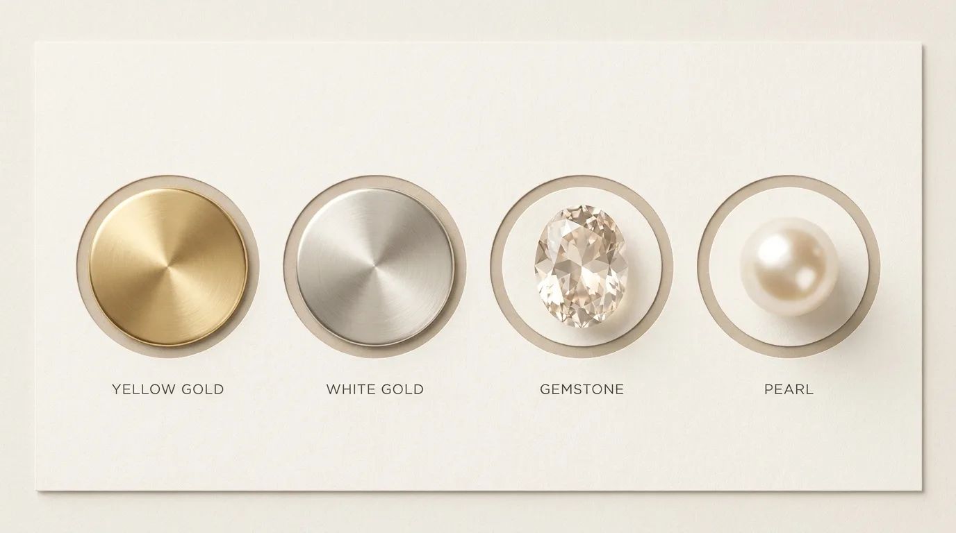 Material swatches showing yellow gold, white gold, a faceted gemstone, and a pearl