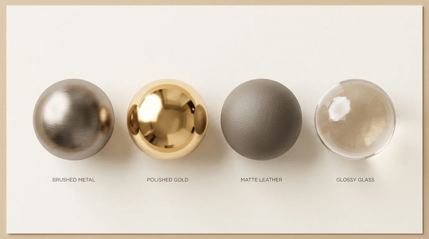 Four material spheres demonstrating physically based rendering: brushed metal, polished gold, leather, and glass