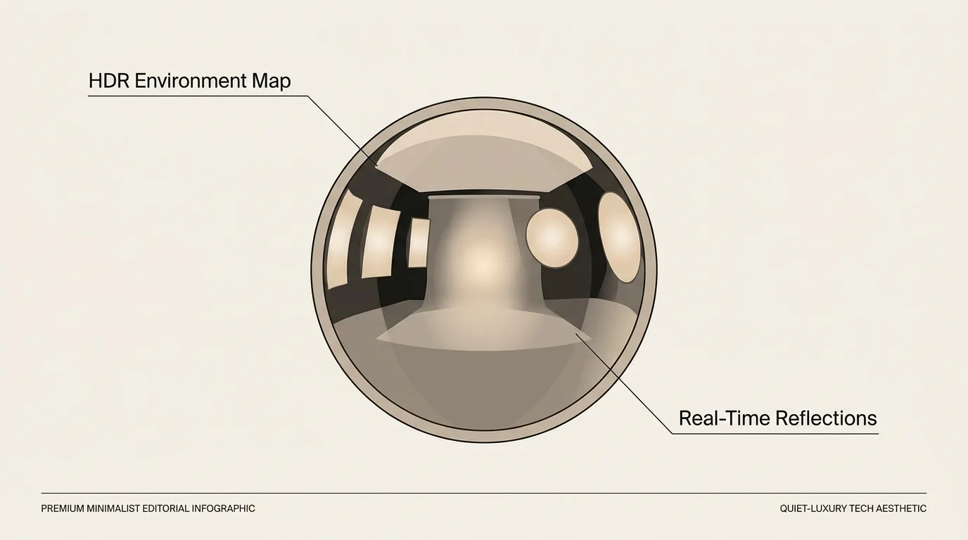 Illustration of a sphere wrapped in an HDR environment map showing real-time reflections