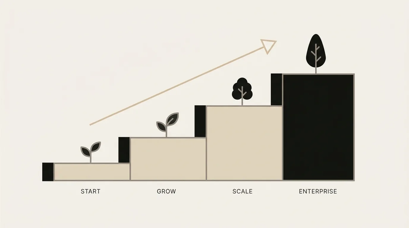 Illustration of four ascending pricing tiers from Starter to Custom