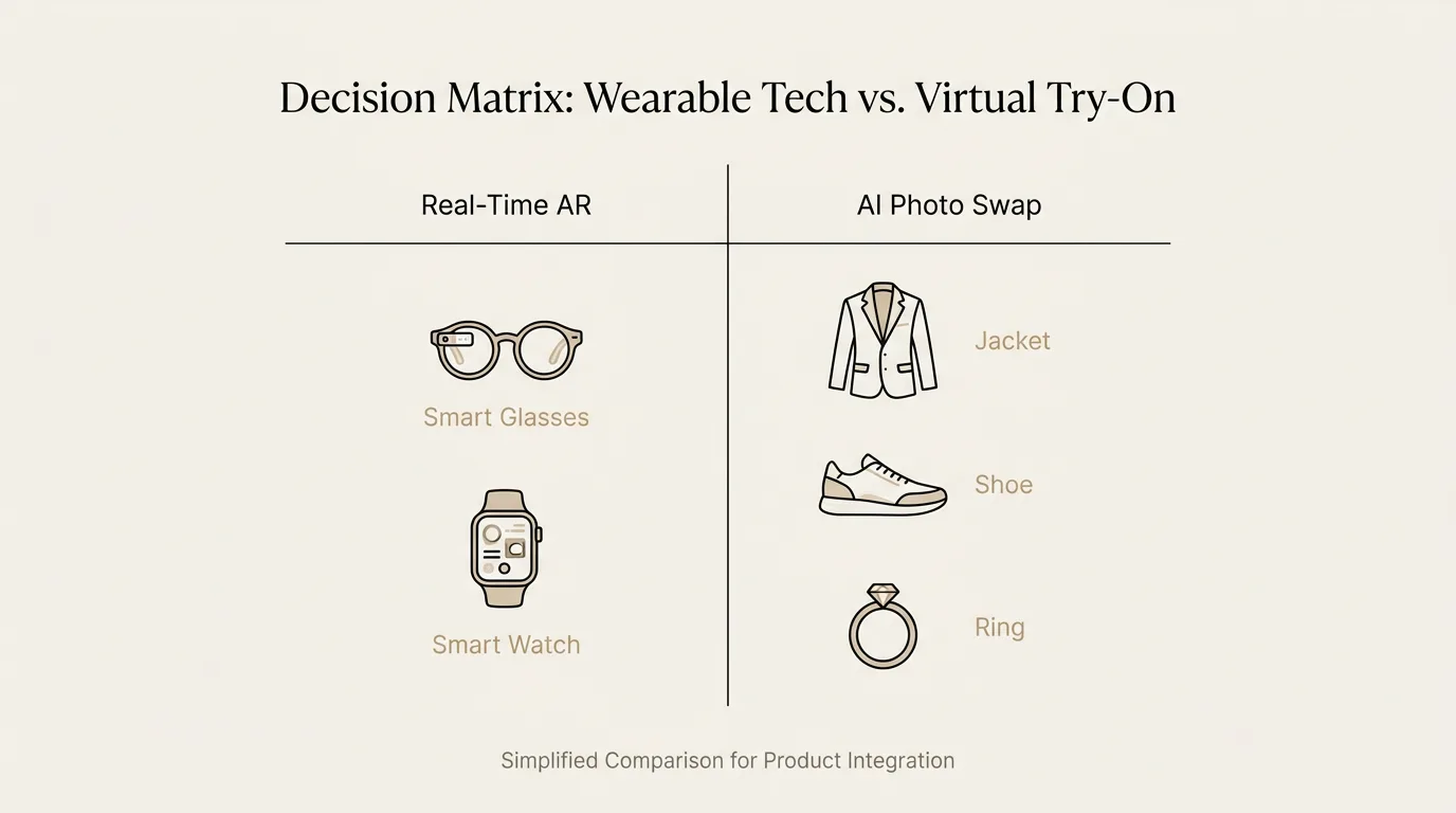 Decision matrix showing Real-Time AR for glasses and watches versus AI Photo Swap for jackets, shoes, and rings
