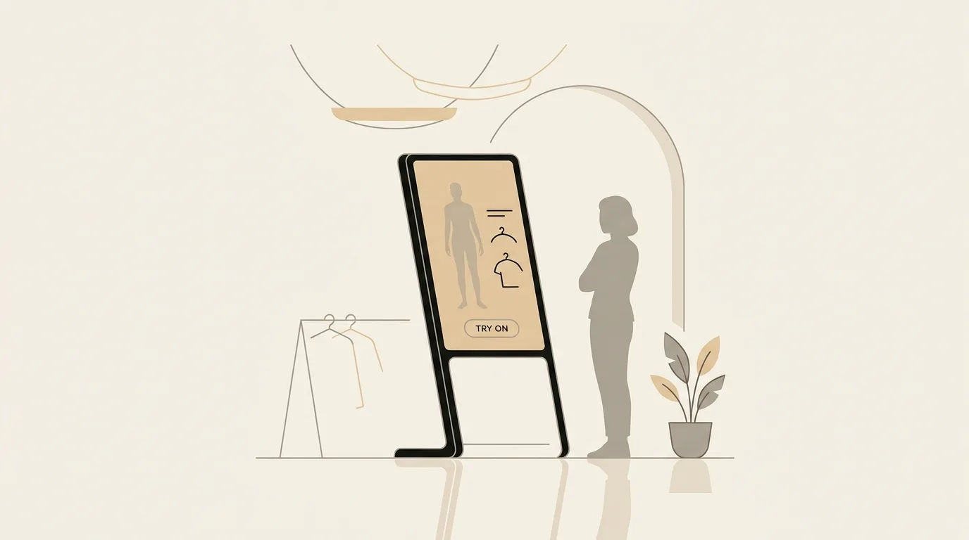 Concept illustration of a freestanding smart mirror kiosk with a try-on interface in a boutique store