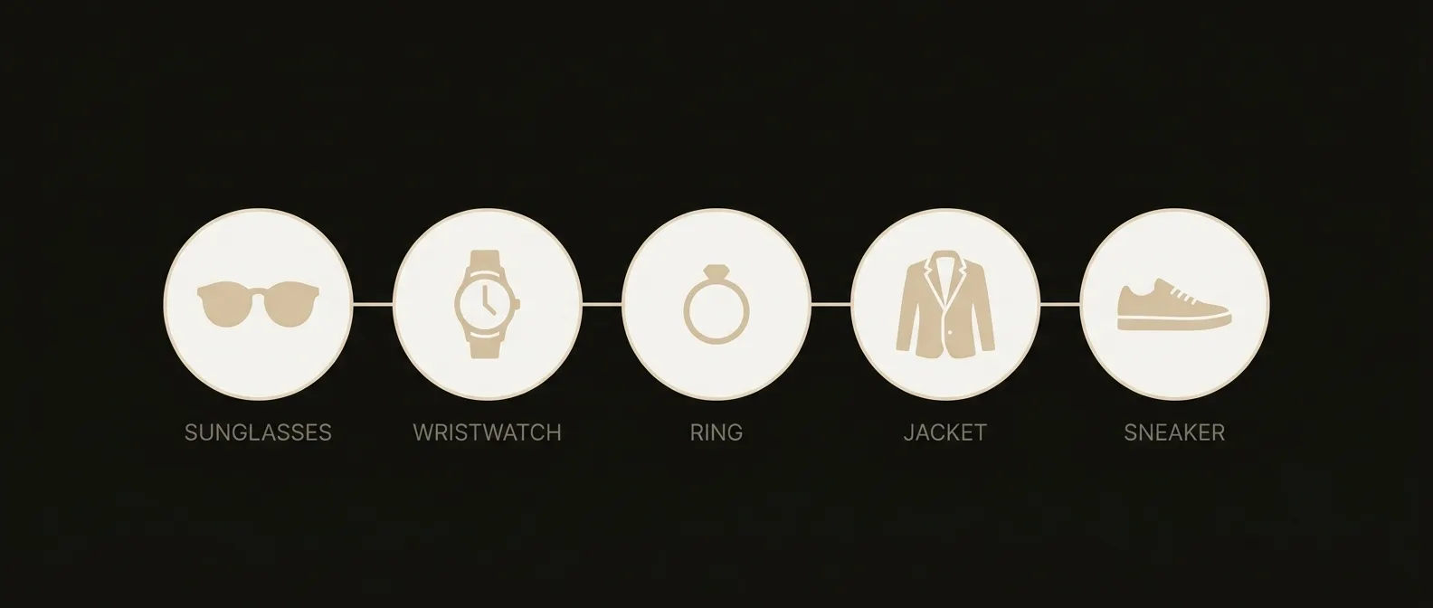 Five try-on categories in one unified system: sunglasses, wristwatch, ring, jacket, and sneaker