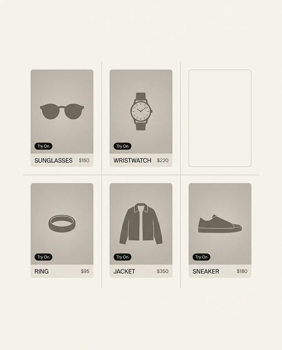 Five try-on categories in one system: sunglasses, wristwatch, ring, jacket, and sneaker