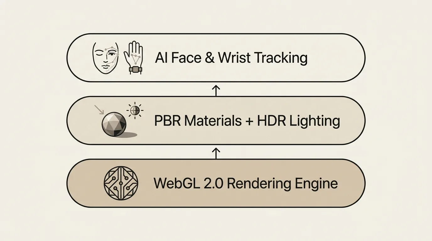 Technology stack diagram: WebGL 2.0 rendering engine, PBR materials with HDR lighting, and AI face and wrist tracking