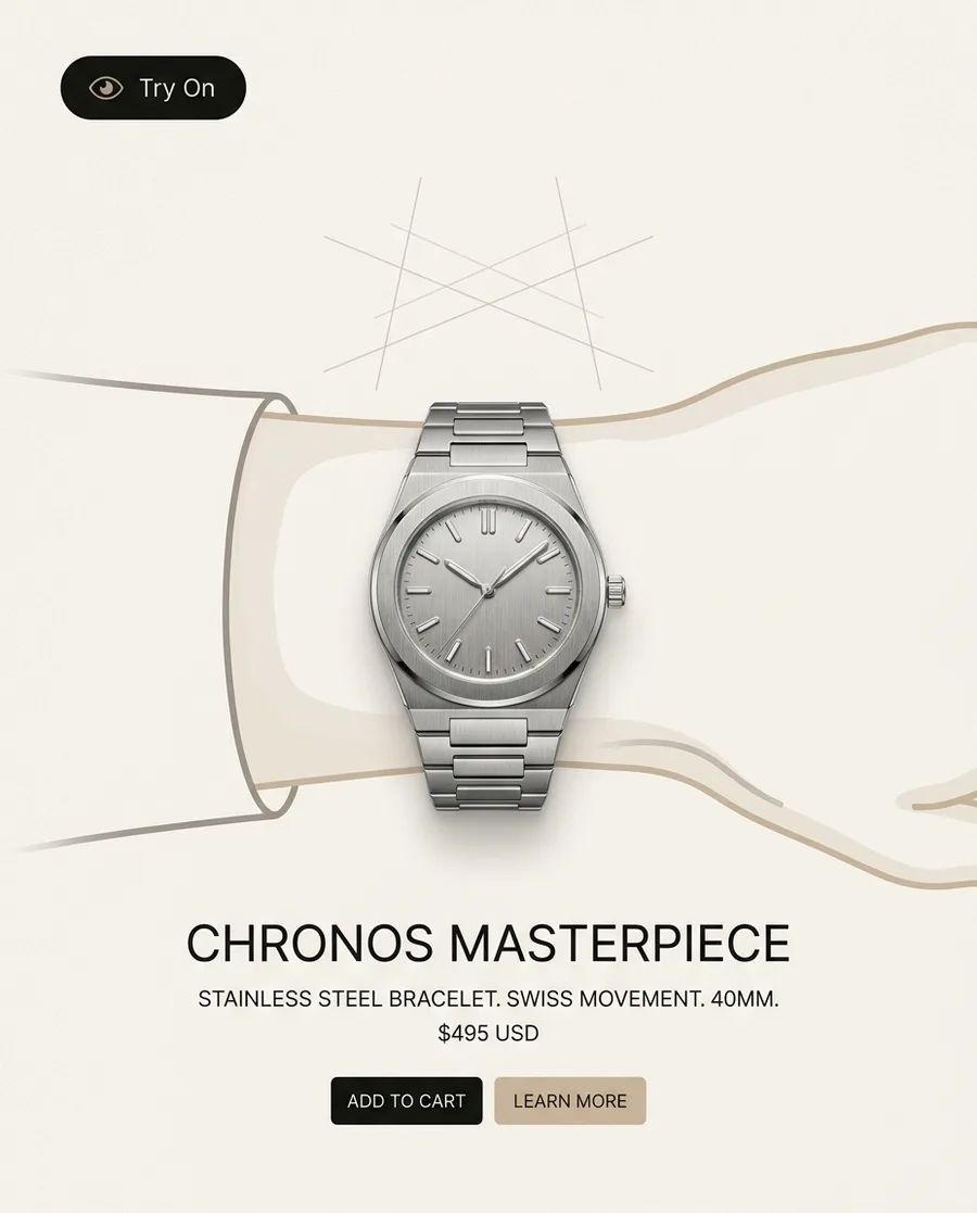 Product page mockup showing a wristwatch with a Try On badge and AR wrist-tracking markers